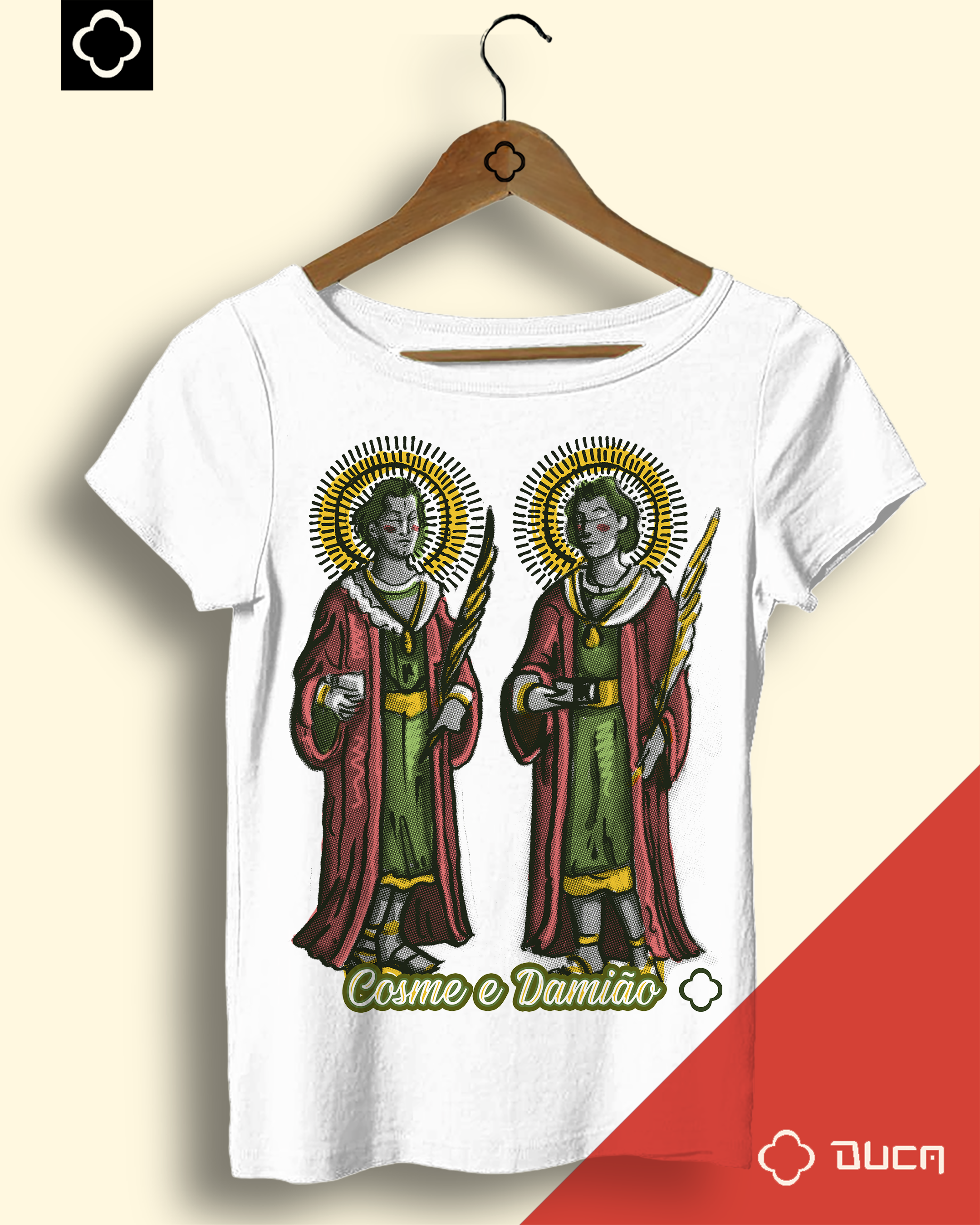 Baby look Branca - Cosme e Damião - Desenho